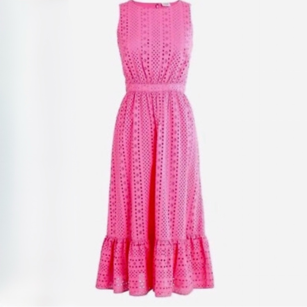 J. Crew Cotton Eyelet Midi Tiered Dress | 10 | hot pink